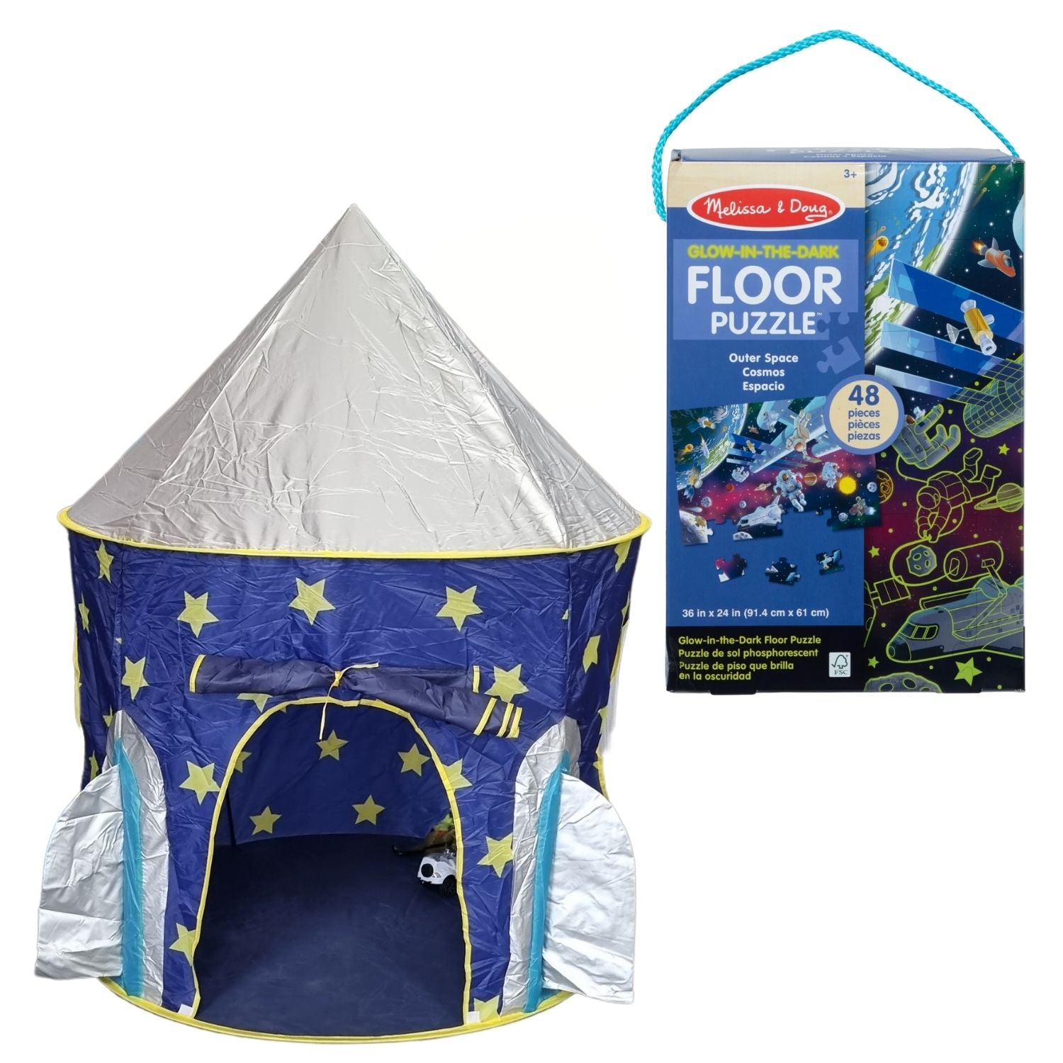 Astronaut Rocket Tent and Melissa & Doug Space Glow Floor Puzzle