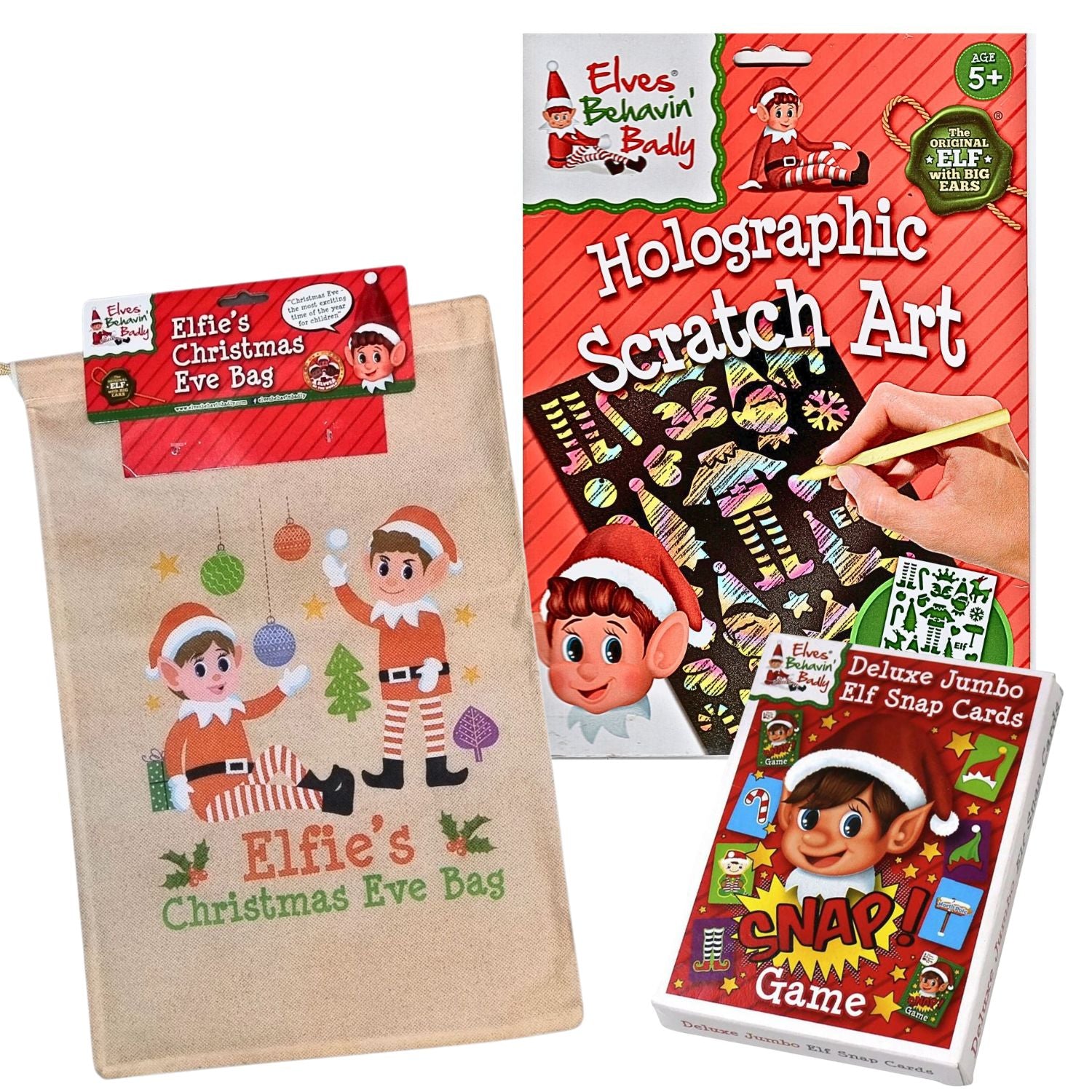 Elf on the Shelf Card game and holographic Scratch Art in a Elf Bag