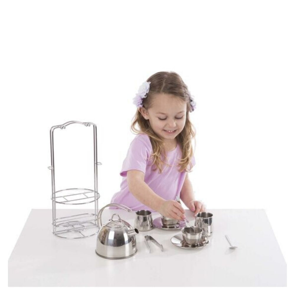 Melissa & Doug Stainless Steel Pretend Play Tea Set and Storage Rack